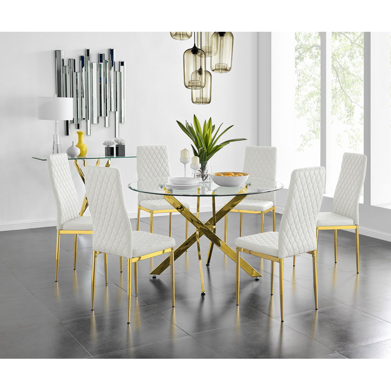 Ivy Bronx Eubanks 120Cm Gold Round Dining Table And 6 White Gold Leg